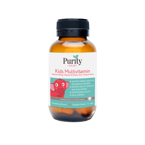 Purity Smart Kids Multivitamin _ Healthy Growth Fussy Eater Teeth Bones Brain  Chewable Tablet Strawberry Flavour